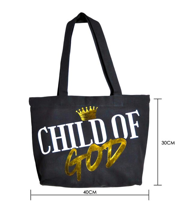 wearwisdom_totebag_childofgod_1_1A Child of God black Christian tote bag made from premium 16oz fabric with reinforced handles and hidden magnetic closure