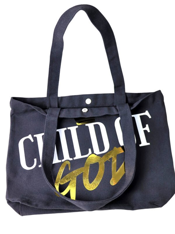 wearwisdom_totebag_childofgod_1_2 Child of God black Christian tote bag made from premium 16oz fabric with reinforced handles and hidden magnetic closure