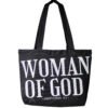 Woman of God black Christian tote bag made from premium 16oz fabric with reinforced handles and secure magnetic closure