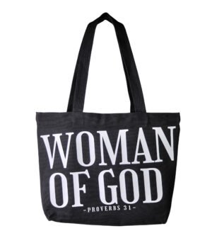 wearwisdom_totebag_womanofgod_1_1 Woman of God black Christian tote bag made from premium 16oz fabric with reinforced handles and secure magnetic closure