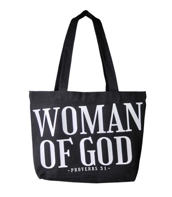 Woman of God black Christian tote bag made from premium 16oz fabric with reinforced handles and secure magnetic closure