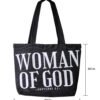 Woman of God black Christian tote bag made from premium 16oz fabric with reinforced handles and secure magnetic closure
