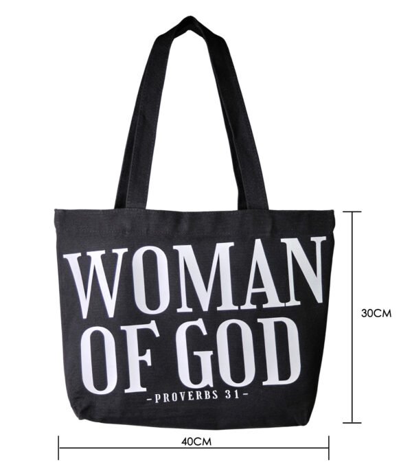 Woman of God black Christian tote bag made from premium 16oz fabric with reinforced handles and secure magnetic closure