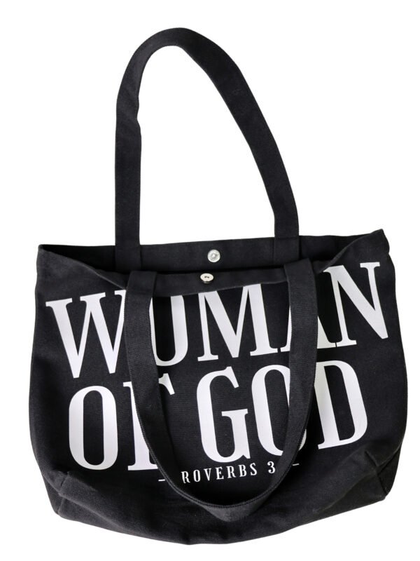 Woman of God black Christian tote bag made from premium 16oz fabric with reinforced handles and secure magnetic closure