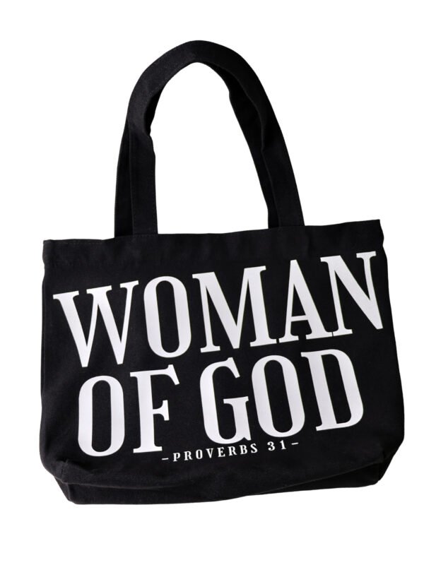 Woman of God black Christian tote bag made from premium 16oz fabric with reinforced handles and secure magnetic closure